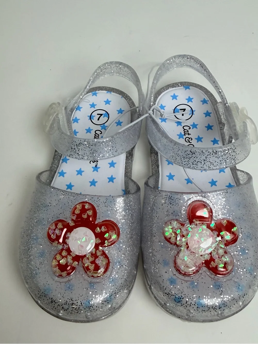 Cat & Jack Clear Silver Glitter Jelly Sandals with Red Flower Accent